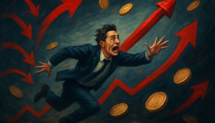 Panicked trader chases rocket stock chart amid red arrows and falling coins, illustrating FOMO trading mistake.