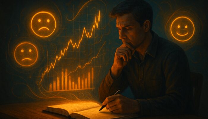Contemplative trader at wooden desk journaling with glowing charts and swirling emotion symbols