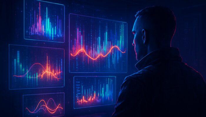 Cyberpunk trader analyzing neon holographic crypto order flow and market depth in dark room.
