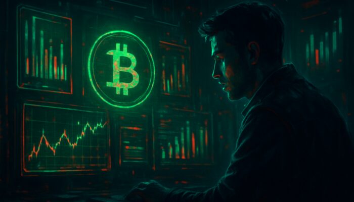 Cyberpunk trader scanning holographic Bitcoin charts and order flows in neon-lit dark room