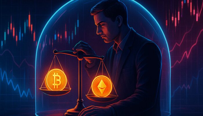 Disciplined crypto trader balancing glowing coins on scales with risk barrier in neon volatile market