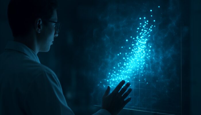 Scientist examining holographic scatter plot with clustered data points emerging from random noise in statistical analysis.