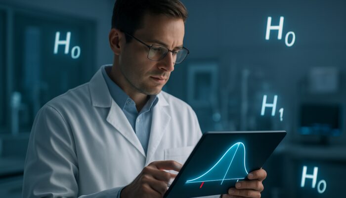 Scientist examining glowing bell curve with p-value thresholds on tablet in modern lab for statistical testing