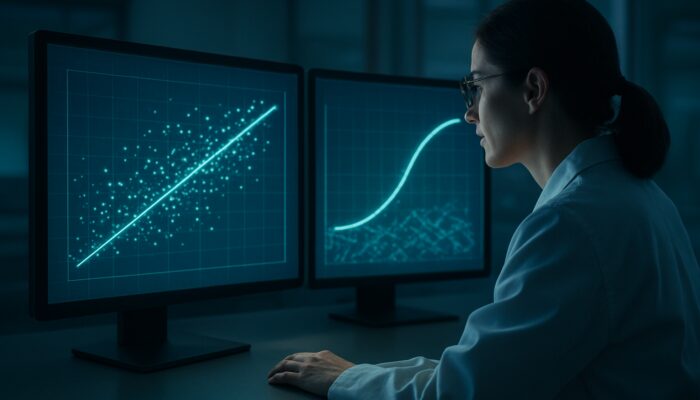 Researcher examining aligned linear and logistic regression graphs on lab screens for statistical validation