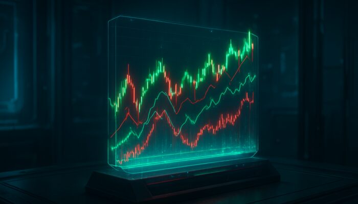 Holographic cyberpunk trading terminal displaying backtested candlestick charts with glowing green and red bot lines.