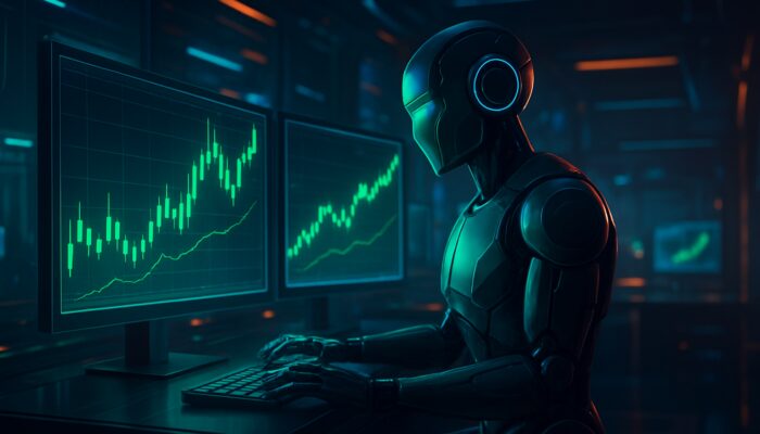 Futuristic AI trading bot backtesting strategies on glowing monitors with candlestick charts in cyberpunk lab