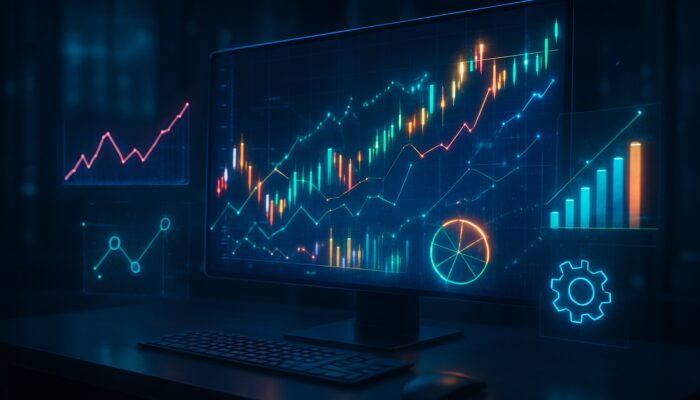 Futuristic trading desk displaying holographic stock and forex charts with backtesting lines and diversification symbols.