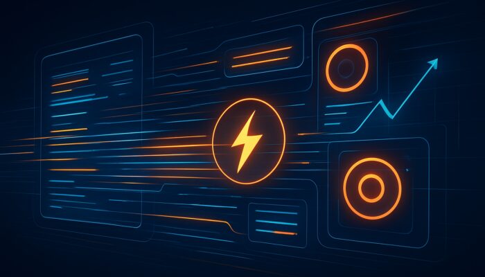 Futuristic trading dashboard with glowing latency timers and throughput counters for high-frequency markets