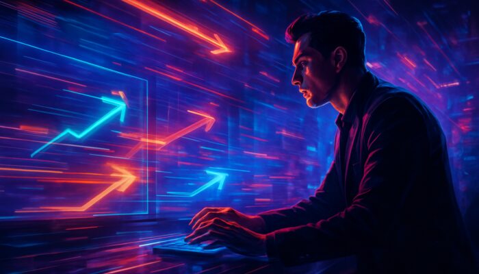 Cyberpunk trader rapidly executing orders on glowing holographic screens with motion blur