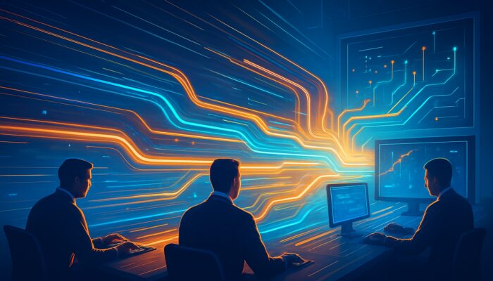 Dynamic illustration of glowing digital pipelines accelerating order flows on a high-speed trading floor.