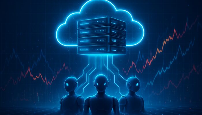 Luminous cloud servers hover above digital stock market with trading bots and glowing data streams