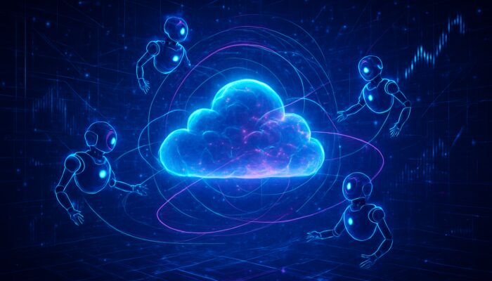 Futuristic trading bots orbiting cloud servers with holographic stock charts in cyberpunk realm.