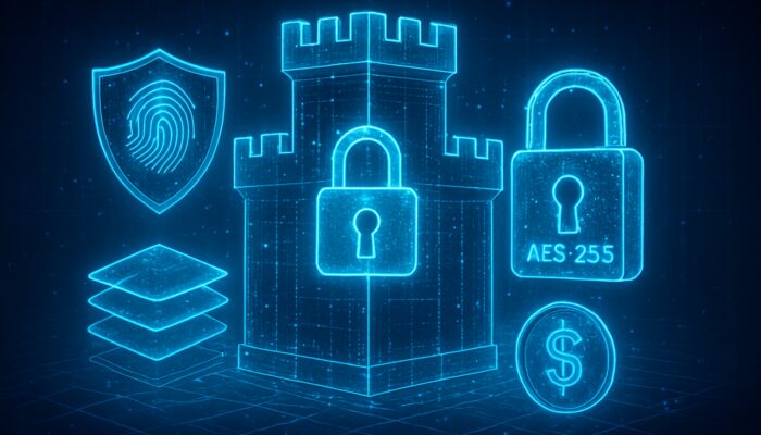 Glowing digital fortress with AES-256 locks securing encrypted trading data in cyber vault.