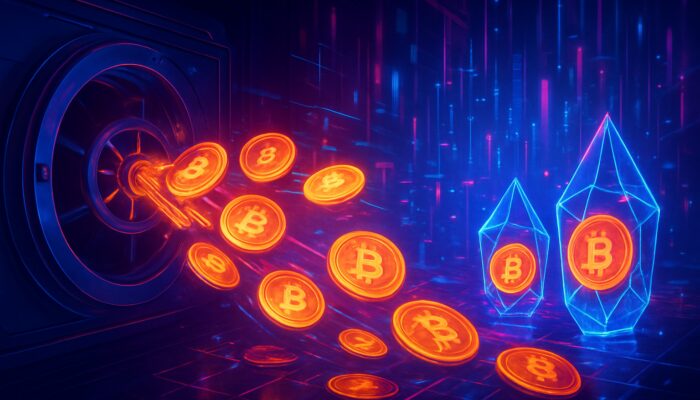 Cyberpunk crypto coins flowing from vault into market, symbolizing supply metrics.
