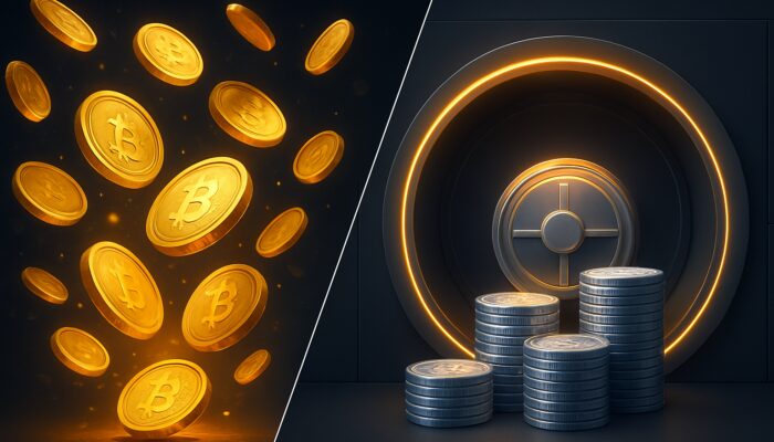 Split scene of swirling gold coins for circulating supply versus silver coins locked in glowing vault for total supply.