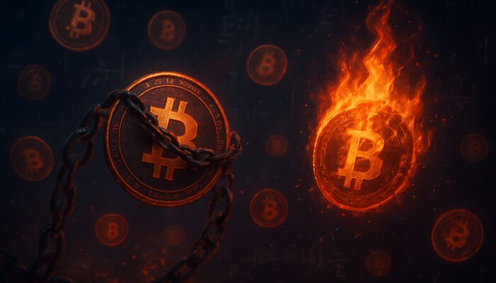 Abstract visualization of glowing crypto tokens locked or burned, with formulas calculating circulating supply.
