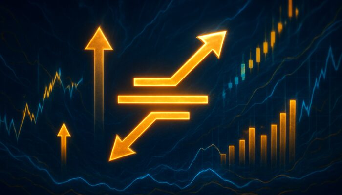 Glowing Sharpe ratio formula over turbulent stock charts with risk arrows in blue-gold tones.