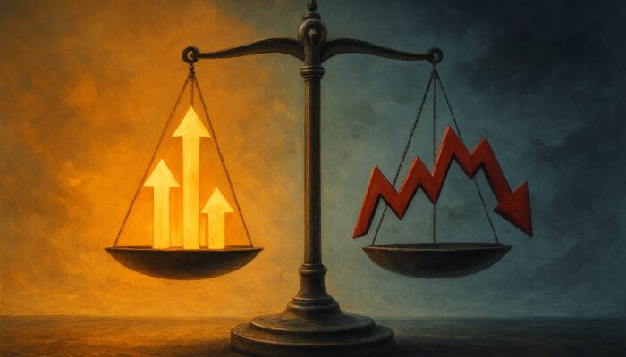 Balance scale weighing glowing returns over risks amid bull and bear market horizons for Sharpe ratio analysis