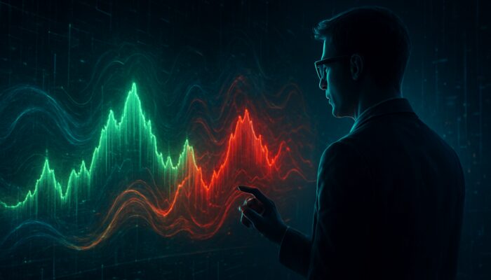 Futuristic trader analyzes holographic chart showing market regime shifts from bullish green to bearish red volatility.