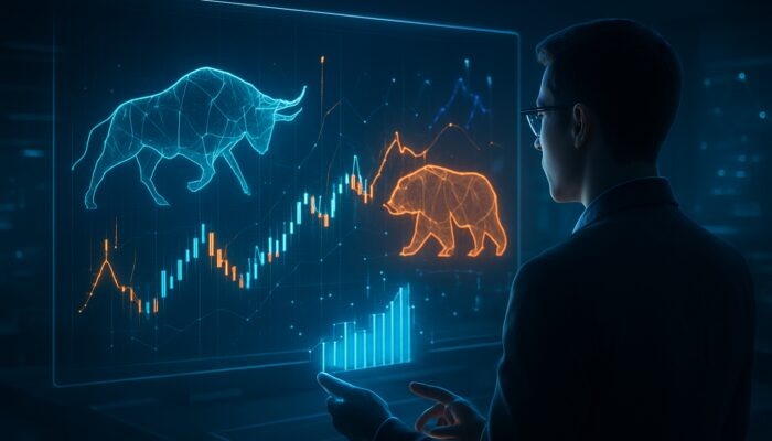 Futuristic analyst backtesting AI algorithms on holographic bull and bear stock charts in digital lab