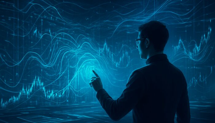 Futuristic analyst validating AI models on holographic stock charts in cybernetic trading lab