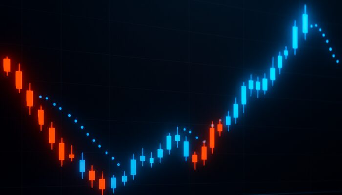 Dark trading screen with candlestick chart and Parabolic SAR dots signaling bullish reversal.