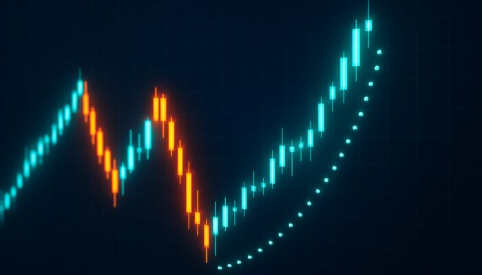 Stock chart with glowing candlesticks and parabolic SAR dots showing strong reversal with wide gaps.
